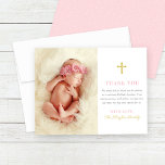 Elegant Pink and Gold Baby Girl Photo Baptism Thank You Card<br><div class="desc">This elegant baby girl baptism thank you card design features a baby photo with stylish pink,  gold,  and gray text that can be fully personalized,  accented by a gold cross. A light pink background with white Swiss dots pattern dresses up the back of the card.</div>