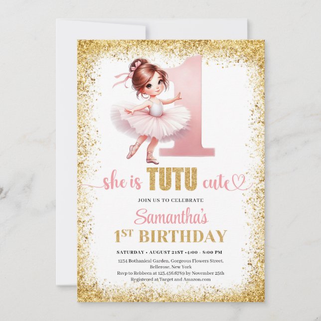 Elegant pink and gold ballerina girl 1st birthday invitation (Front)