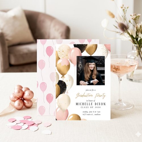 Elegant Pink and Gold Balloon Graduation Party  Invitation