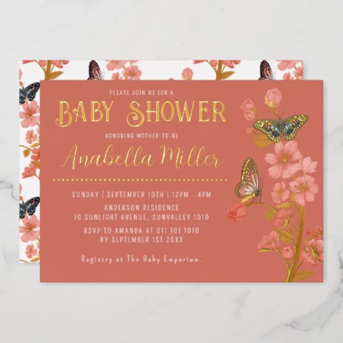 Elegant Pink and Gold Butterfly Baby Shower Foil Invitation