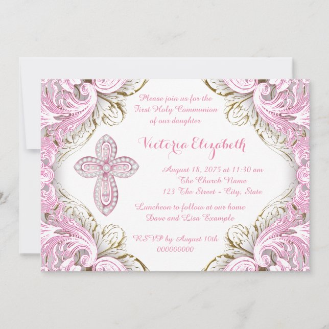Elegant Pink and Gold Cross First Communion Invitation (Front)