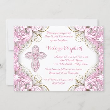 Elegant Pink And Gold Cross First Communion Invitation by InvitationCentral at Zazzle