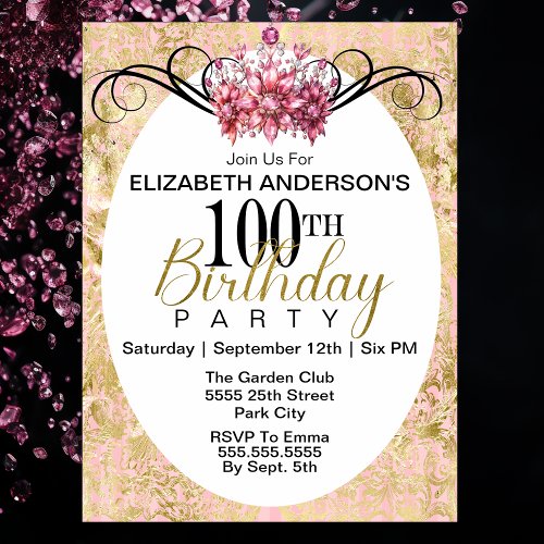 Elegant Pink and Gold Damask 100th Birthday  Invitation