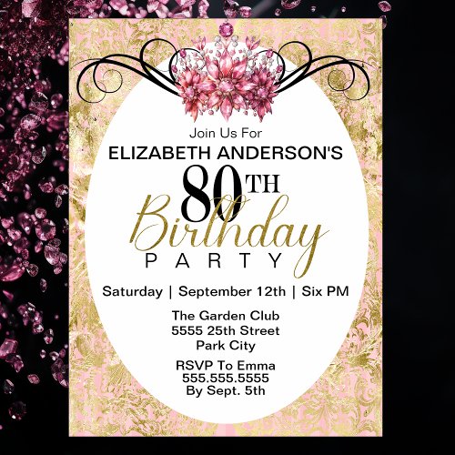 Elegant Pink and Gold Damask 80th Birthday  Invitation