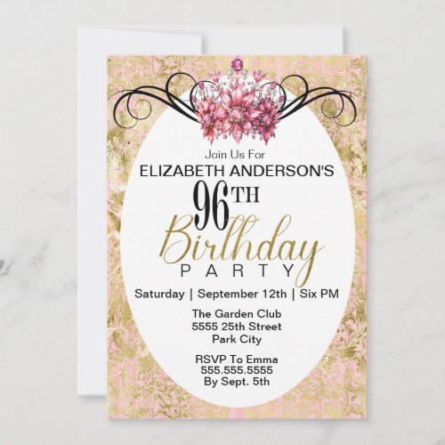 Elegant Pink and Gold Damask 96th Birthday  Invitation