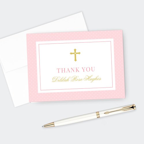 Elegant Pink and Gold First Girl Communion Thank You Card
