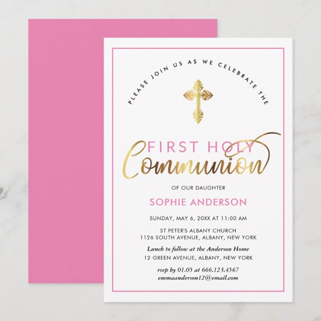 Elegant Pink And Gold First Holy Communion Invitation (Front/Back)