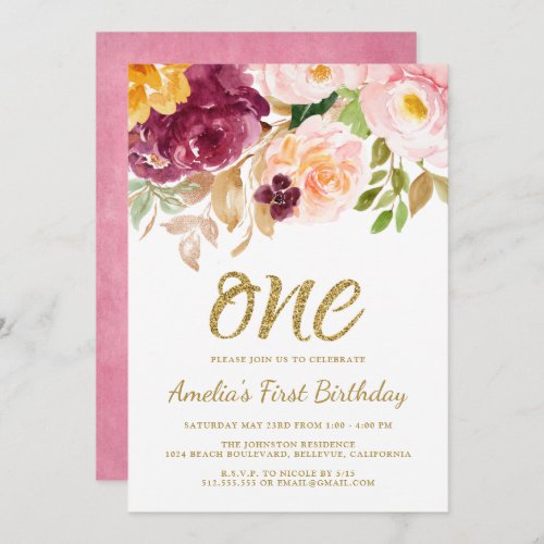 Elegant Pink and Gold Floral 1st Birthday Party Invitation