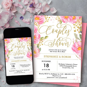 Elegant Pink and Gold Floral Couples Shower Invitation