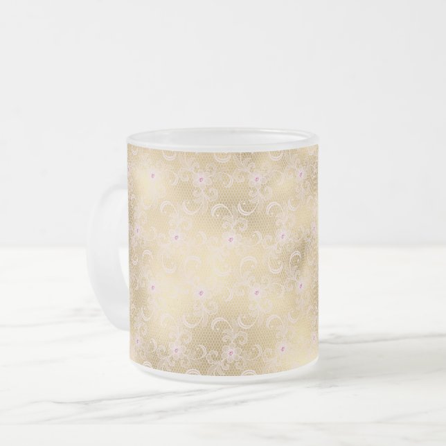 Elegant Pink and Gold Floral Lace Frosted Glass Coffee Mug (Front Left)