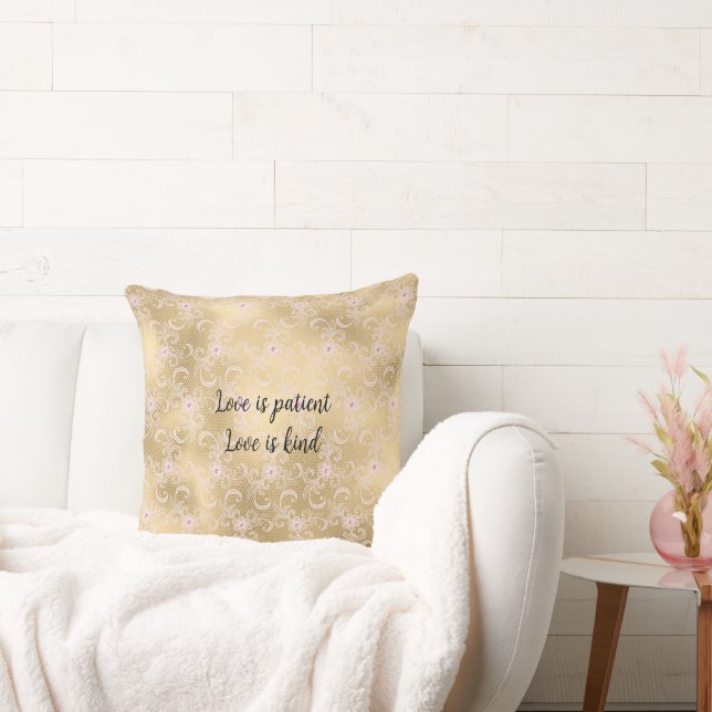 Elegant Pink and Gold Floral Lace Throw Pillow (Couch)