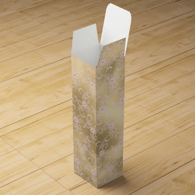 Elegant Pink and Gold Floral Lace Wine Box (Opened)