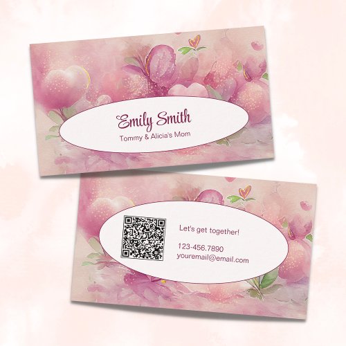 Elegant Pink and Gold Floral Mom Playdate QR Code Calling Card