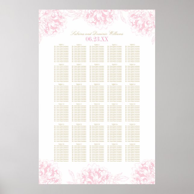 Elegant Pink and Gold Floral Peony Wedding Seating Poster (Front)