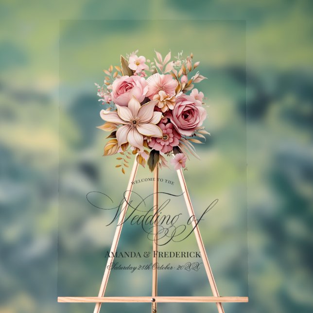 Elegant Pink and Gold Floral Wedding Welcome Acrylic Sign (Neutral)
