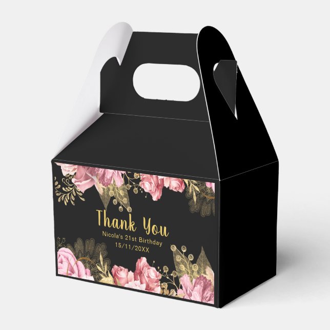 Elegant Pink and Gold Flowers Birthday Favor Boxes (Front Side)