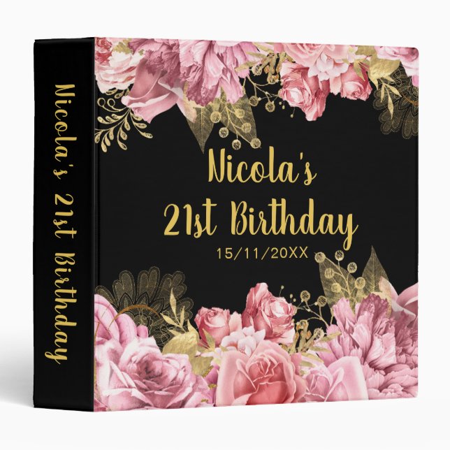 Elegant Pink and Gold Flowers Birthday Party 3 Ring Binder (Front/Spine)
