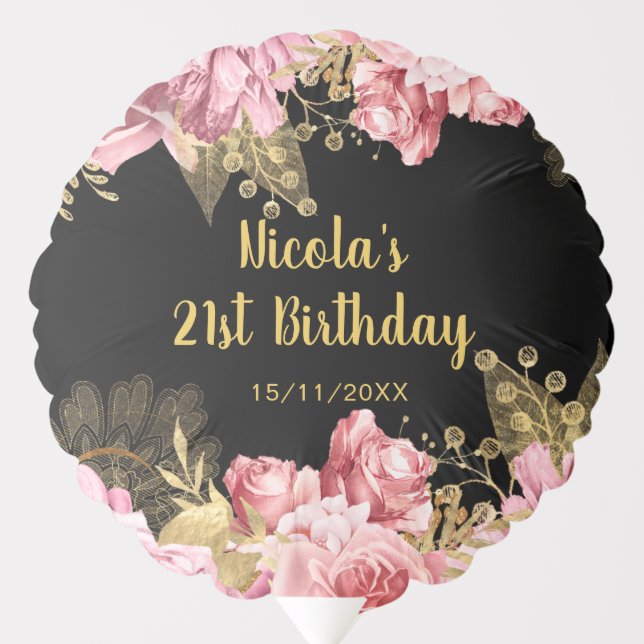 Elegant Pink and Gold Flowers Birthday Party Balloon (Front)