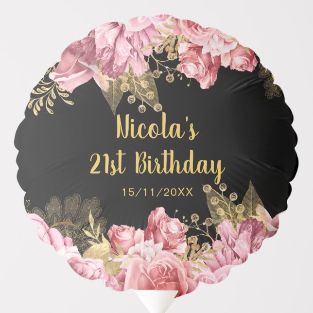 Elegant Pink and Gold Flowers Birthday Party Balloon (Front)