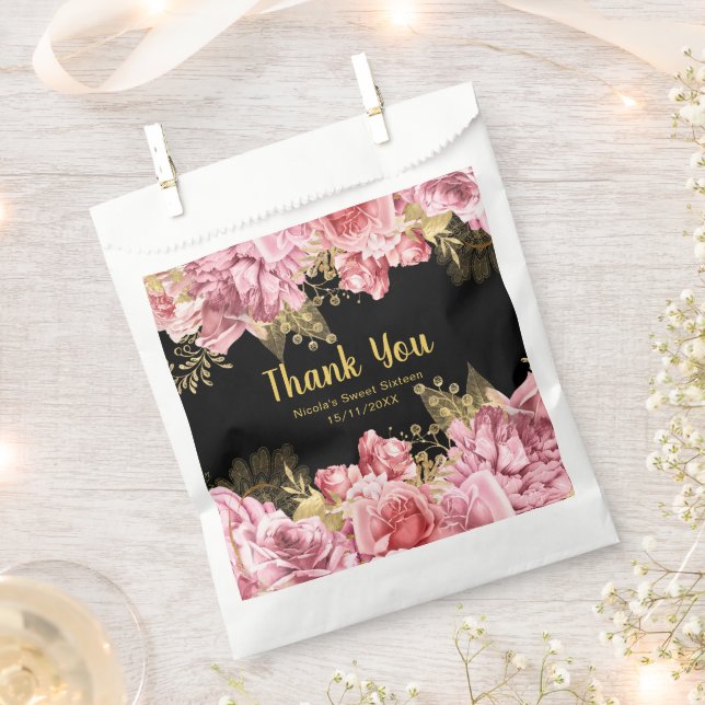 Elegant Pink and Gold Flowers Birthday Party Favor Bag (Clipped)