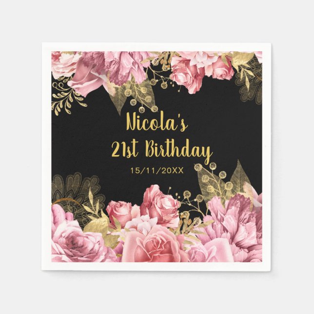 Elegant Pink and Gold Flowers Birthday Party Napkins (Front)