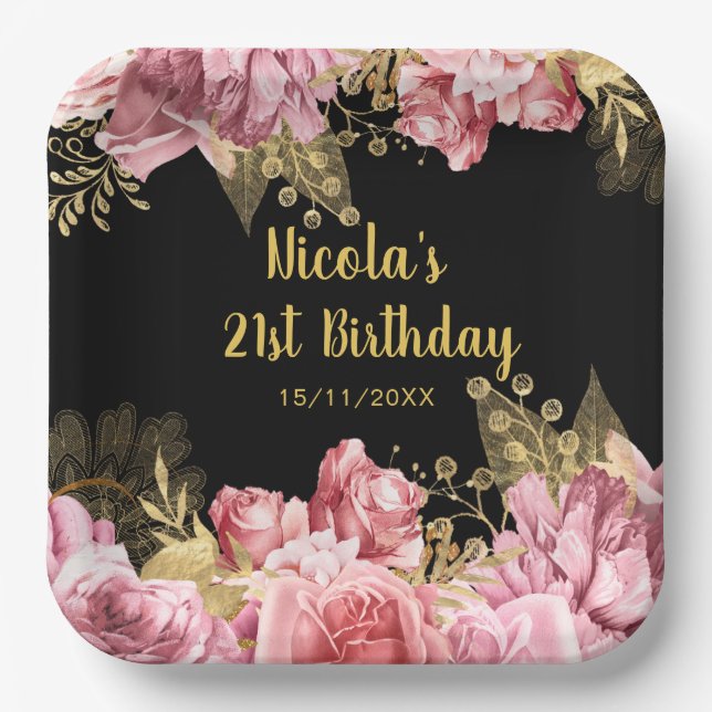 Elegant Pink and Gold Flowers Birthday Party Paper Plates (Front)