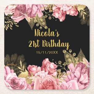 Elegant Pink and Gold Flowers Birthday Party Square Paper Coaster