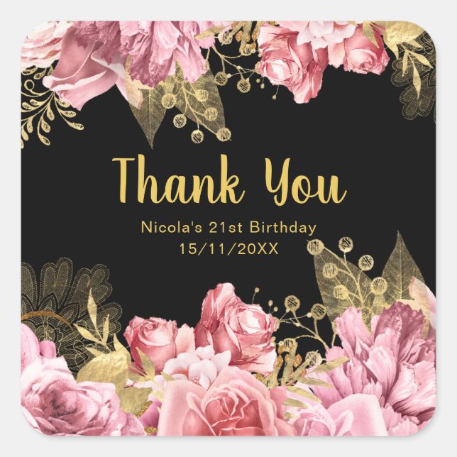 Elegant Pink and Gold Flowers Birthday Party Square Sticker (Front)