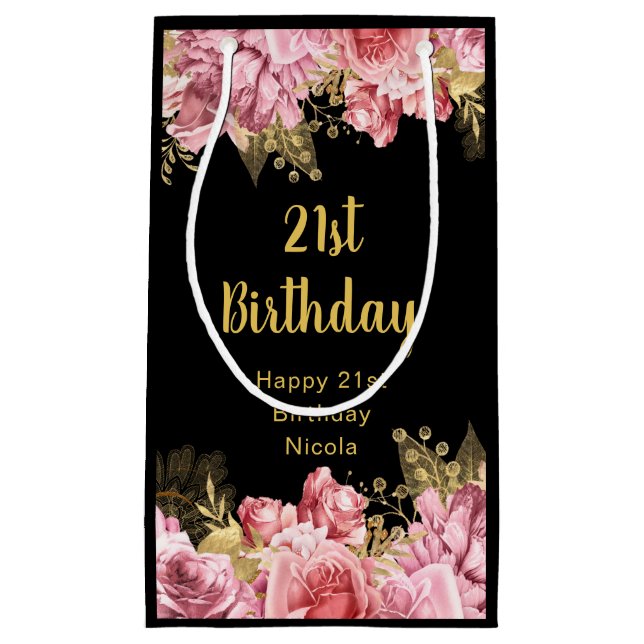 Elegant Pink and Gold Flowers Birthday Small Gift Bag (Front)