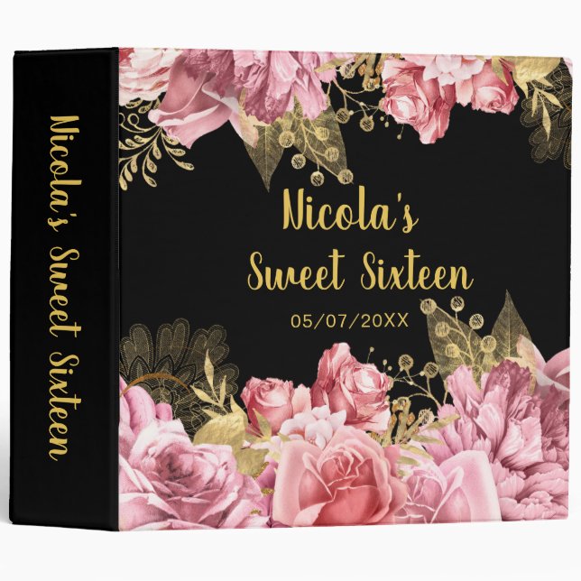 Elegant Pink and Gold Flowers Sweet Sixteen  3 Ring Binder (Front/Spine)