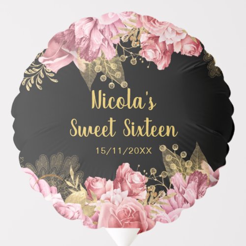 Elegant Pink and Gold Flowers Sweet Sixteen  Balloon