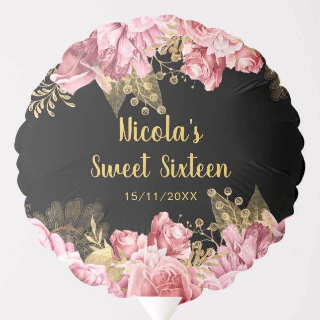 Elegant Pink and Gold Flowers Sweet Sixteen  Balloon (Front)