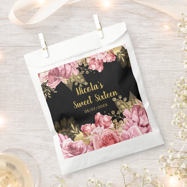 Elegant Pink and Gold Flowers Sweet Sixteen  Favor Bag (Clipped)