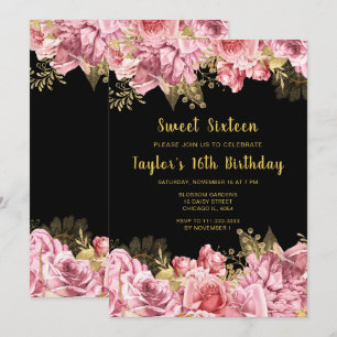 Elegant Pink and Gold Flowers Sweet Sixteen Invitation