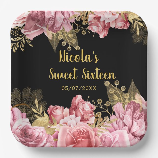 Elegant Pink and Gold Flowers Sweet Sixteen  Paper Plates (Front)