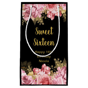 Elegant Pink and Gold Flowers Sweet Sixteen Small Gift Bag