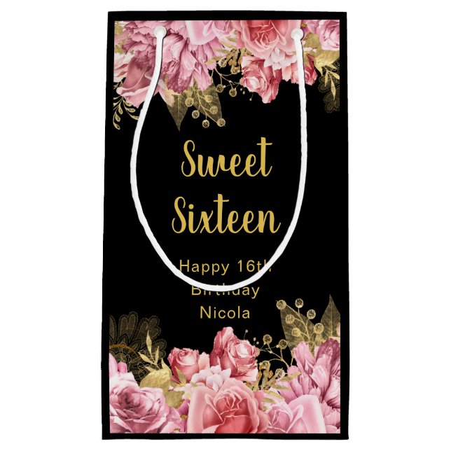Elegant Pink and Gold Flowers Sweet Sixteen  Small Gift Bag (Front)