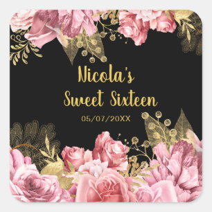 Elegant Pink and Gold Flowers Sweet Sixteen Square Sticker