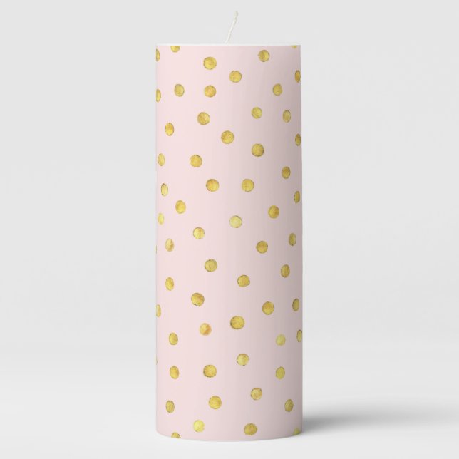 Elegant Pink And Gold Foil Confetti Dots Pattern Pillar Candle (Front)