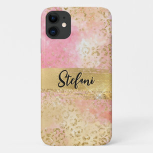 Elegant Pink and Gold Foil Leopard Brush Stroke iPhone 11 Case