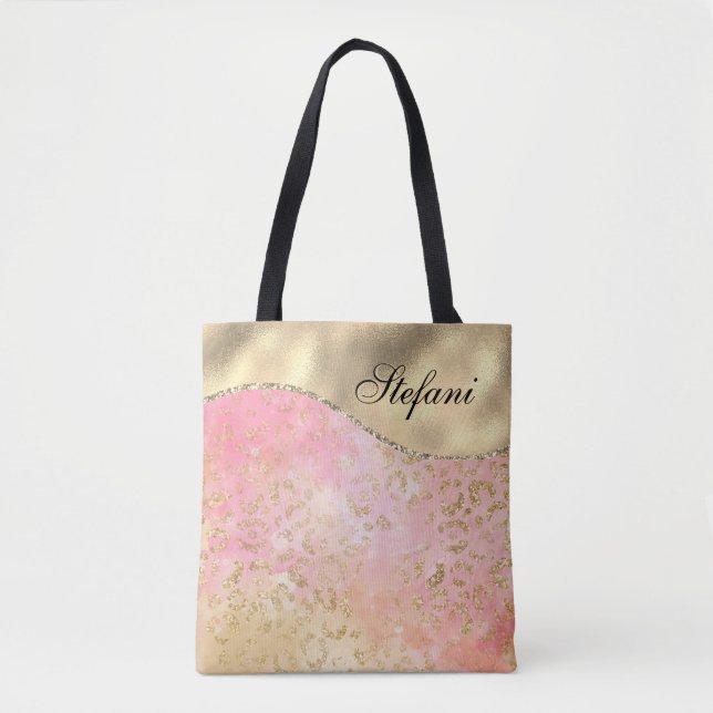 Elegant Pink and Gold Foil Leopard Personized Tote Bag (Front)