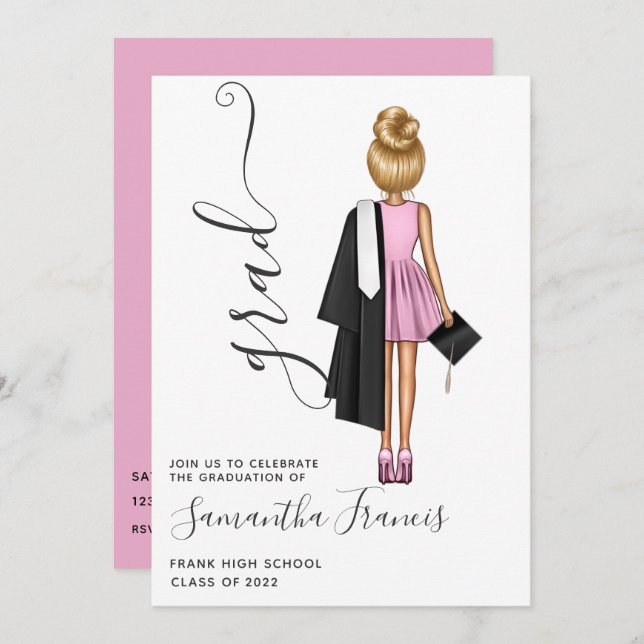 Elegant Pink and Gold Girl Graduation Party Invitation (Front/Back)