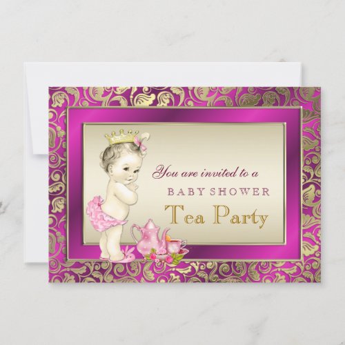 Elegant Pink and Gold Girls Tea Party Baby Shower 4.5x6.25 Paper Invitation Card