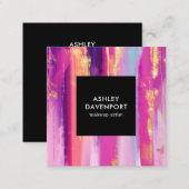 Elegant pink and gold glitter brushstrokes makeup square business card (Front/Back)