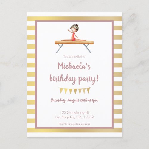 Elegant pink and gold gymnastics themed invitation postcard