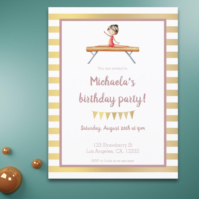 Elegant pink and gold gymnastics themed invitation postcard (Creator Uploaded)