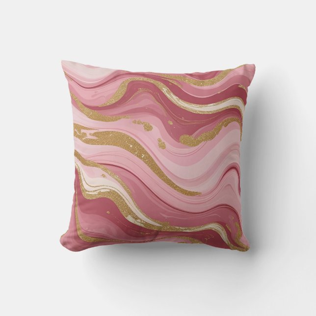 Elegant Pink and Gold Marble Abstract Throw Pillow (Front)
