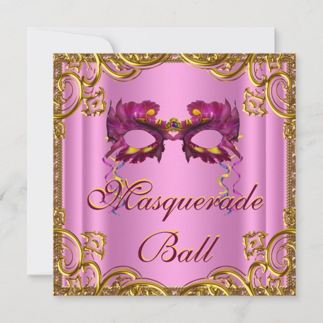 Elegant Pink and Gold Masquerade Party Invitation (Front)