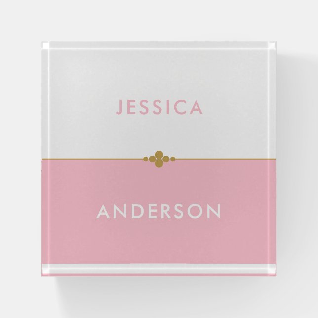 Elegant Pink And Gold Name Paperweight (Front)