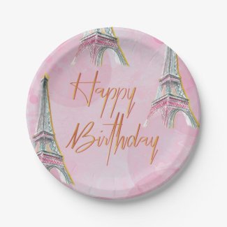 Elegant Pink and Gold Paris Themed Birthday Party Paper Plate